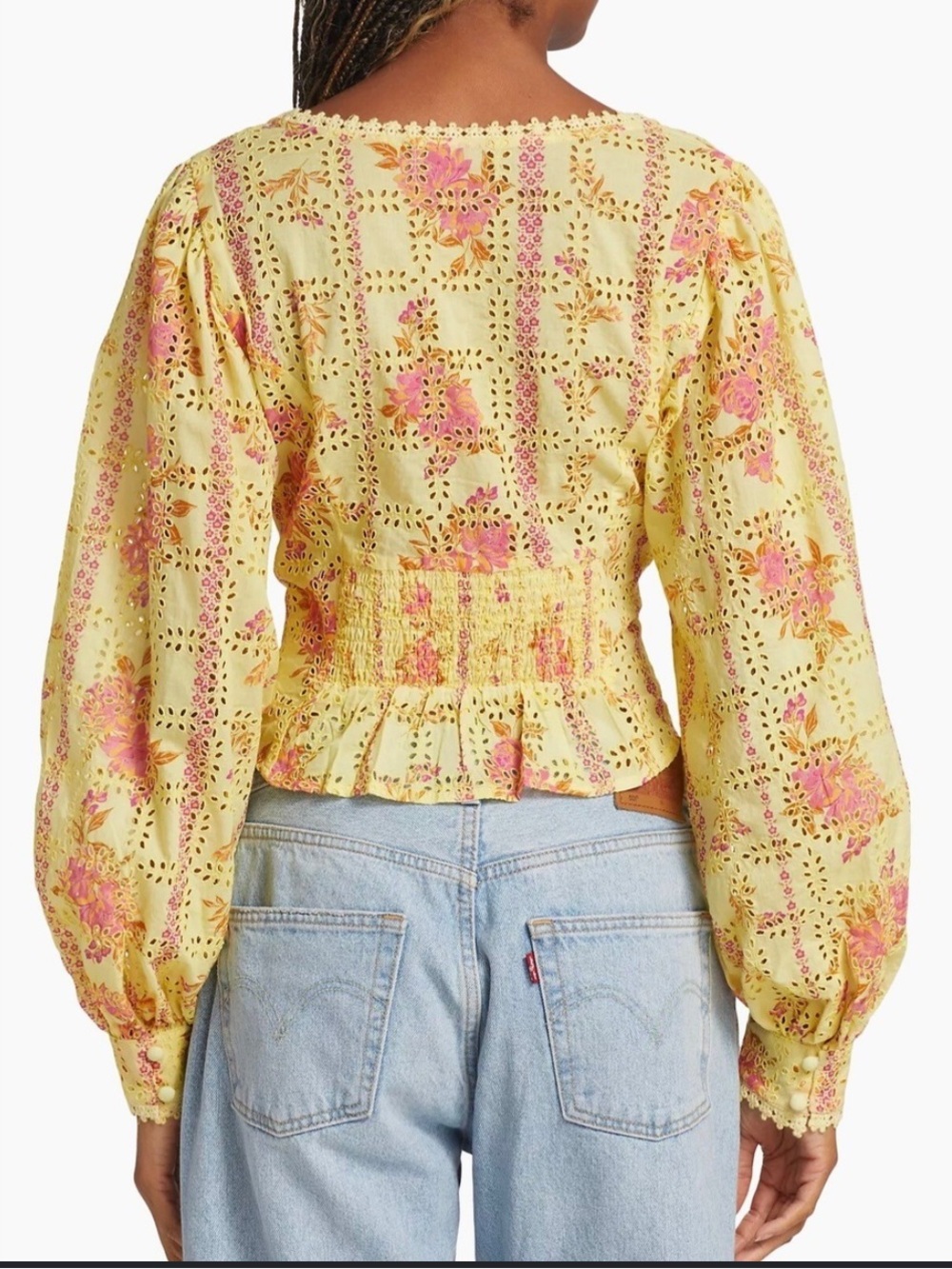 Free People Yellow Eyelet Floral V-Neck Button Front Top - Picture 2 of 4
